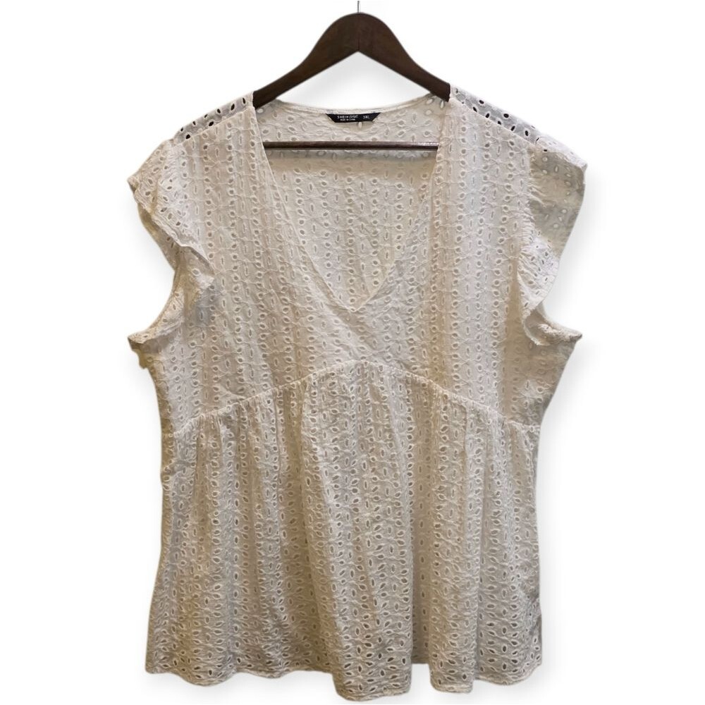 SHEIN Curve White Eyelet Babydoll Blouse Lined Bust Cottagecore 3XL